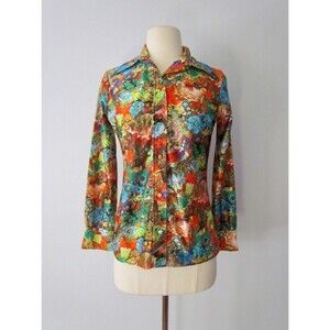 RARE Lanvin Paris Vintage Shirt Top 70s Floral Burst Button Blouse Sz 10
